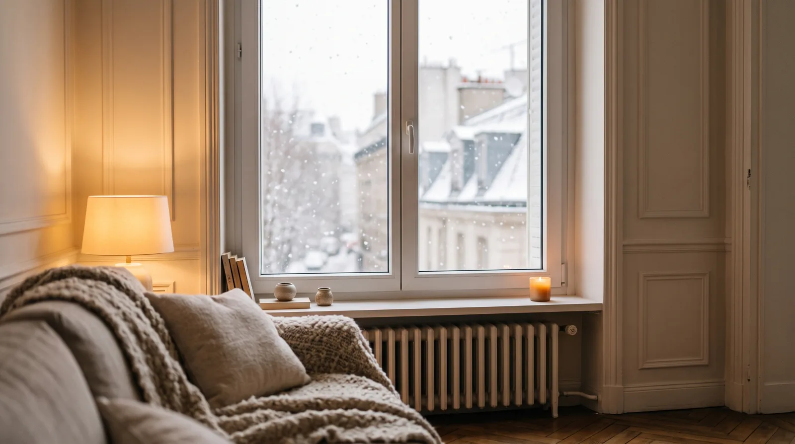 Grande fenêtre moderne en PVC blanc à double vitrage dans un salon lumineux et chaleureux, plaid et lampe allumée, neige légère dehors