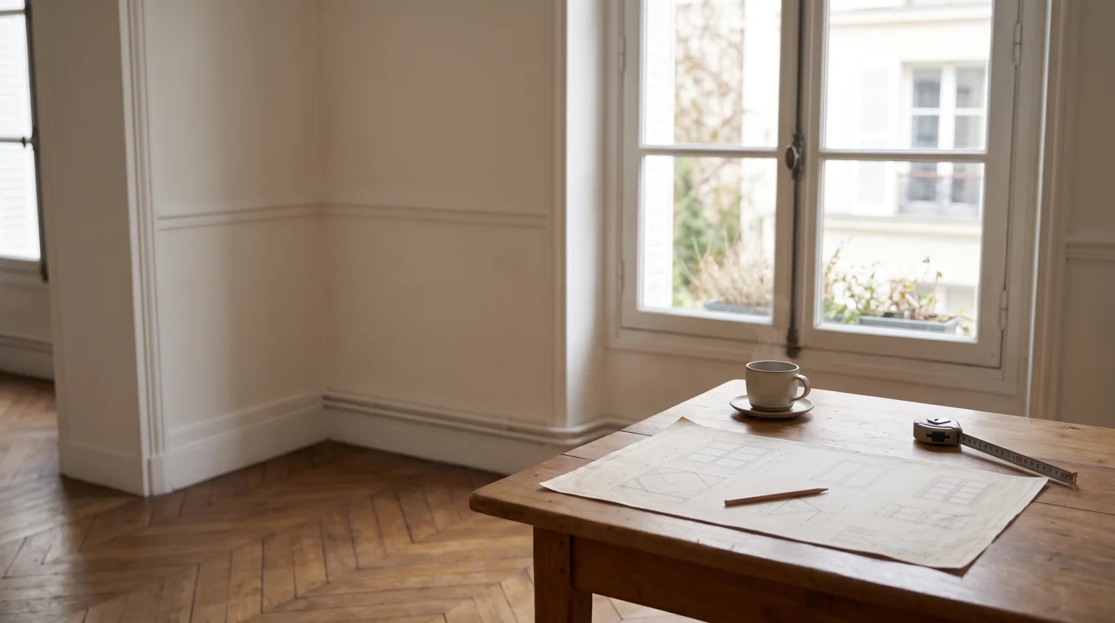 Table en bois avec une tasse de café, un mètre ruban et un plan de fenêtres, dans une pièce lumineuse au parquet en chevrons