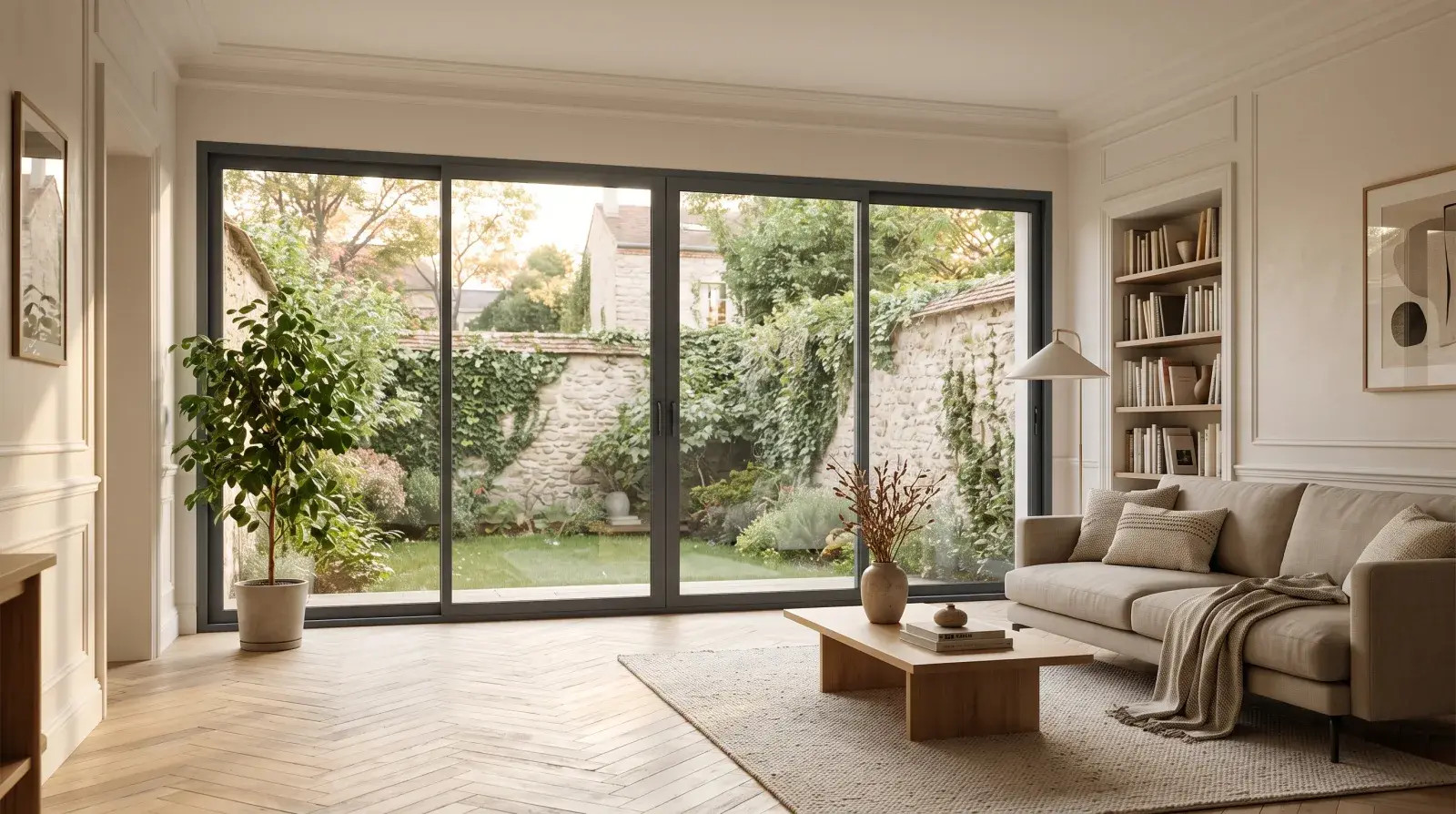 Grande baie coulissante en aluminium gris anthracite à profils fins ouvrant sur un jardin, dans un salon contemporain