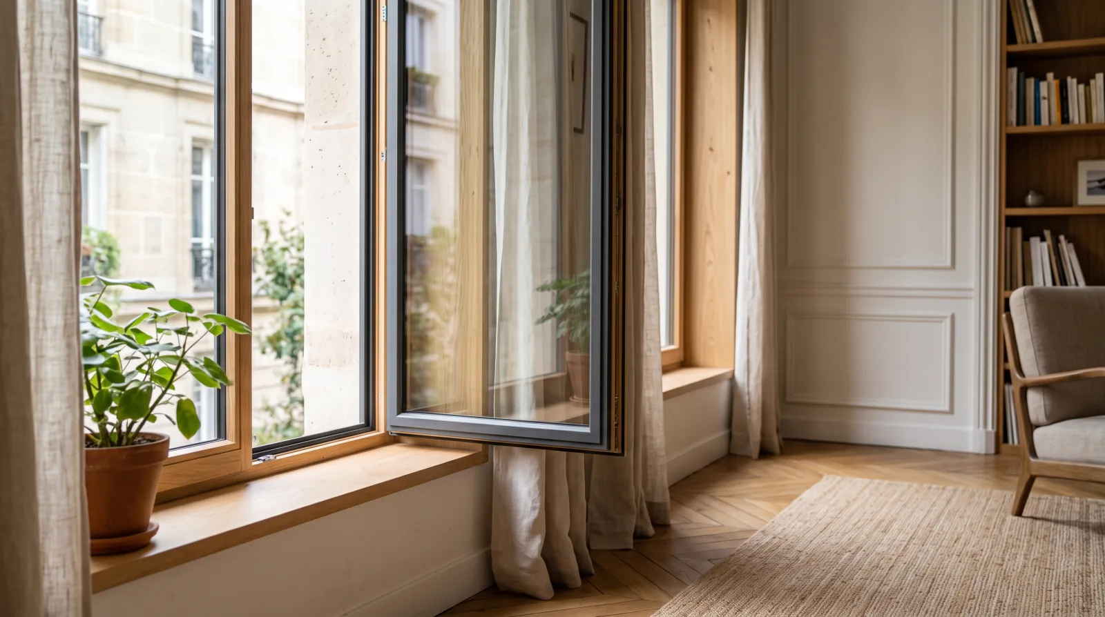 Fenêtre mixte bois-alu entrouverte, bois clair côté intérieur et fin profil alu gris