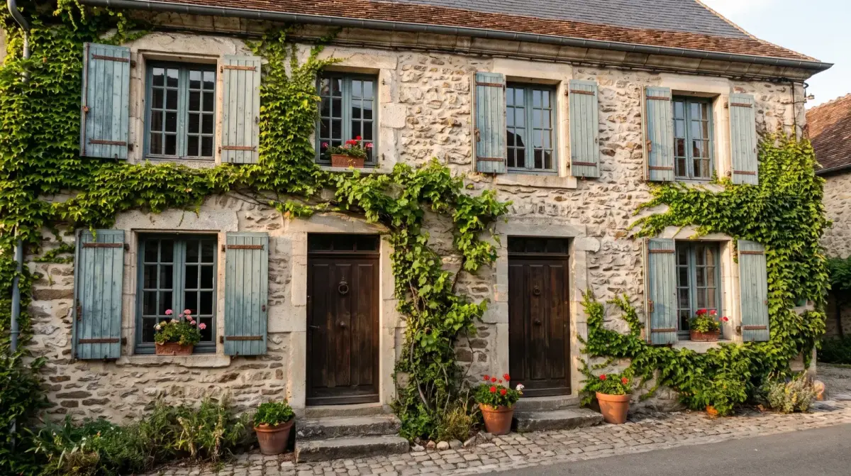 Façade de maison ancienne en pierre avec fenêtres en bois à petits carreaux et volets bleu-gris