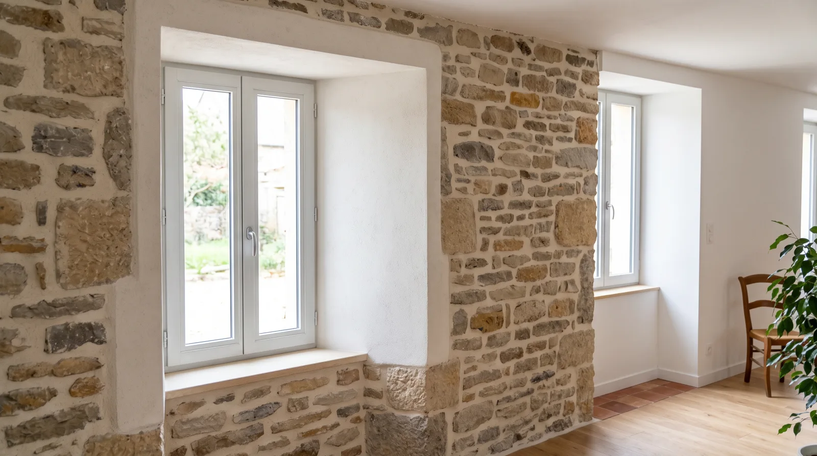 Fenêtre neuve posée dans un mur en pierre ancien rénové, chantier terminé et propre