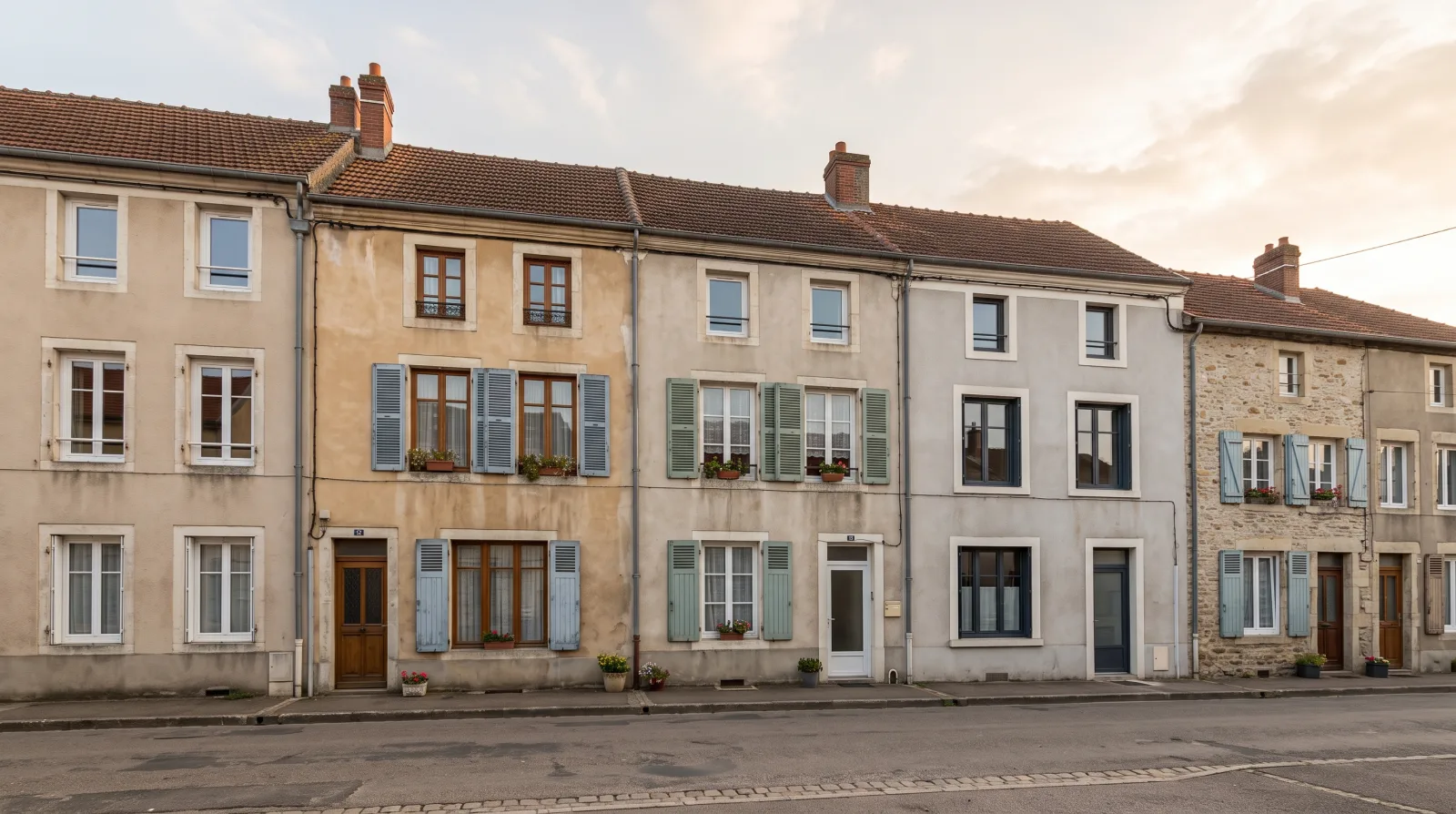 Façade de maisons mitoyennes françaises aux fenêtres variées en PVC, bois et aluminium, avec volets colorés, sous un ciel doux